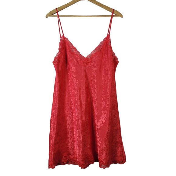 Victoria's Secret Chemise Nightie Red Pink Large Floral Adj Lace Gold Label VTG - Picture 1 of 6